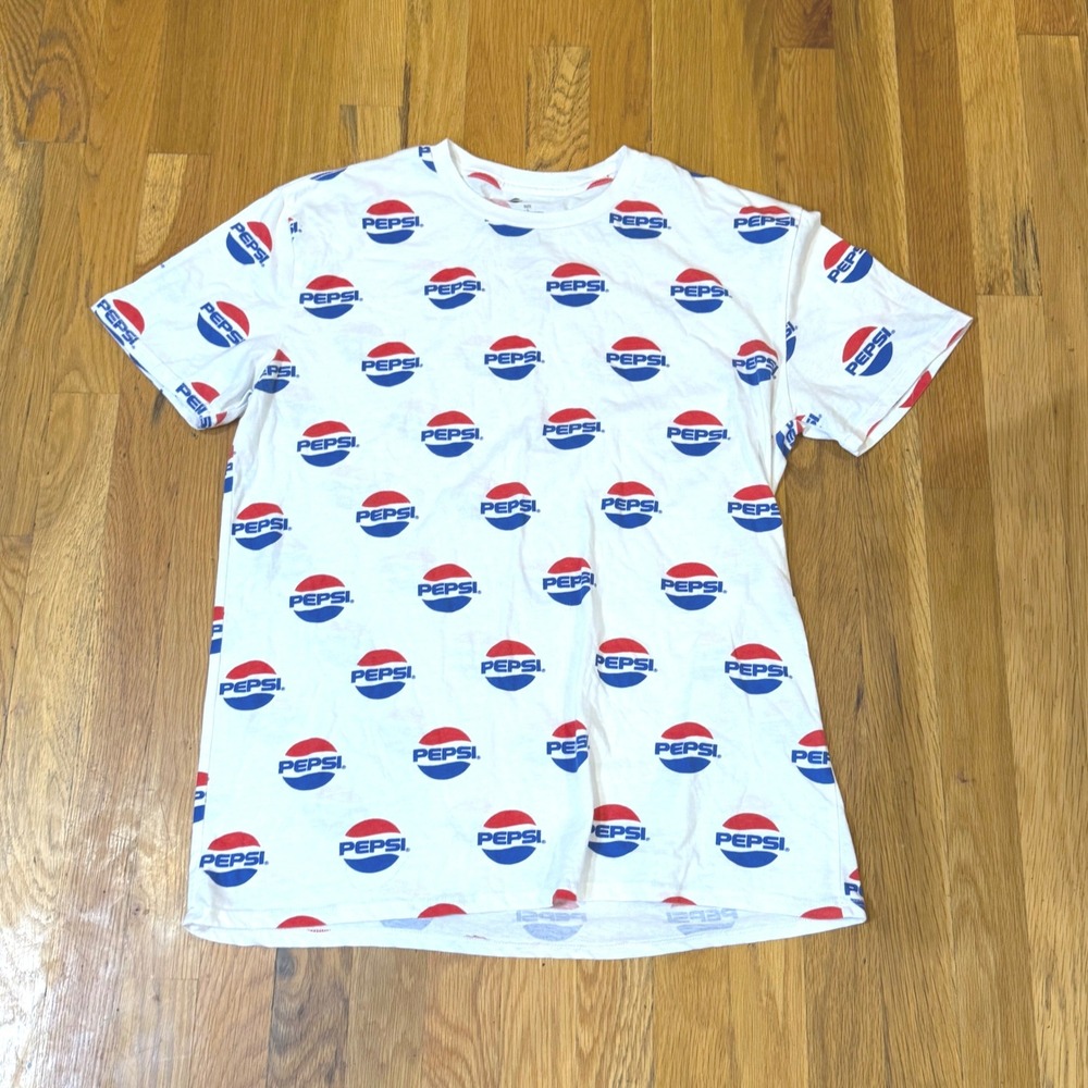 Pepsi‎ All Over Print Logo T-Shirt Mens Large White Short Sleeve Graphic Tee